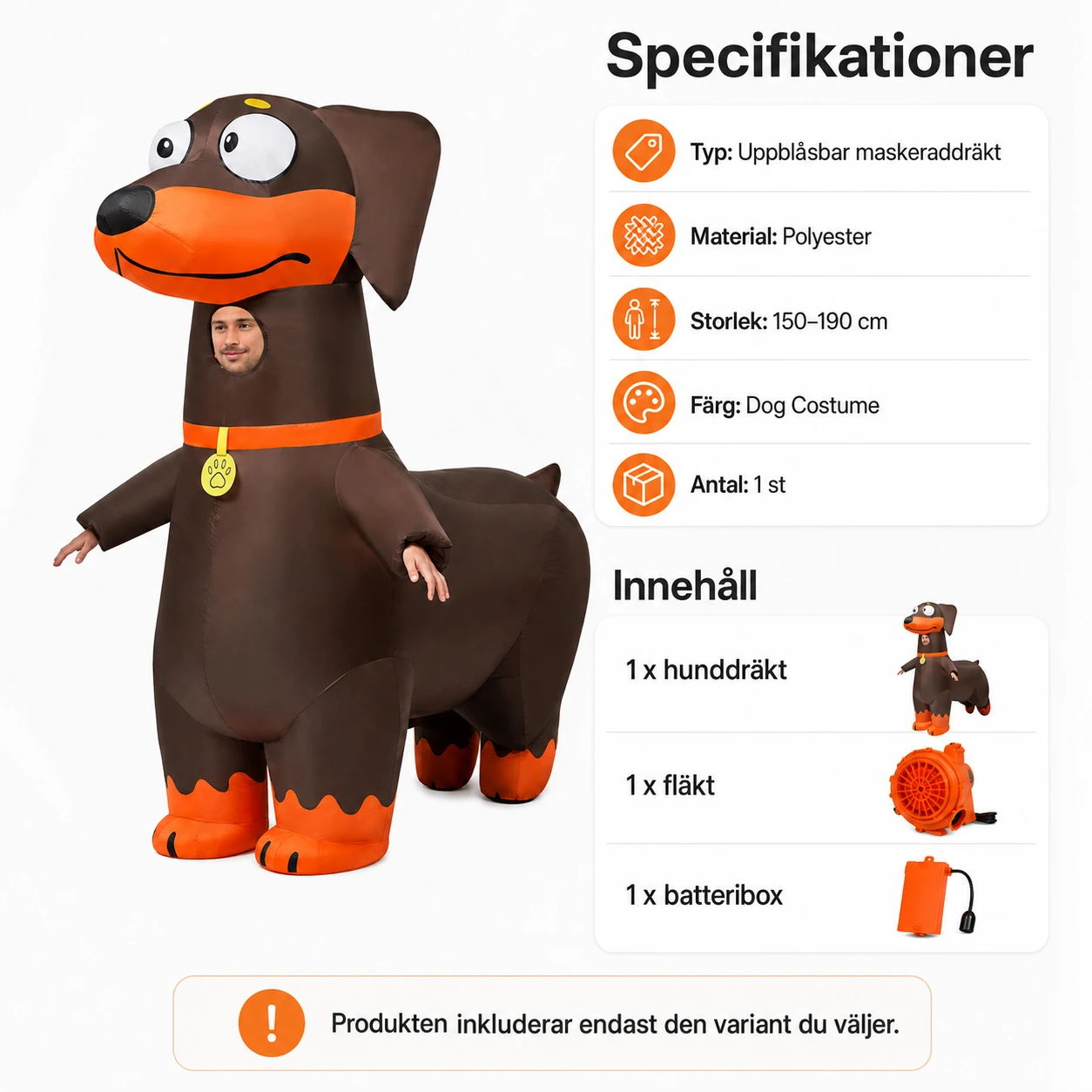Uppblåsbar hunddräkt för vuxna med fläkt