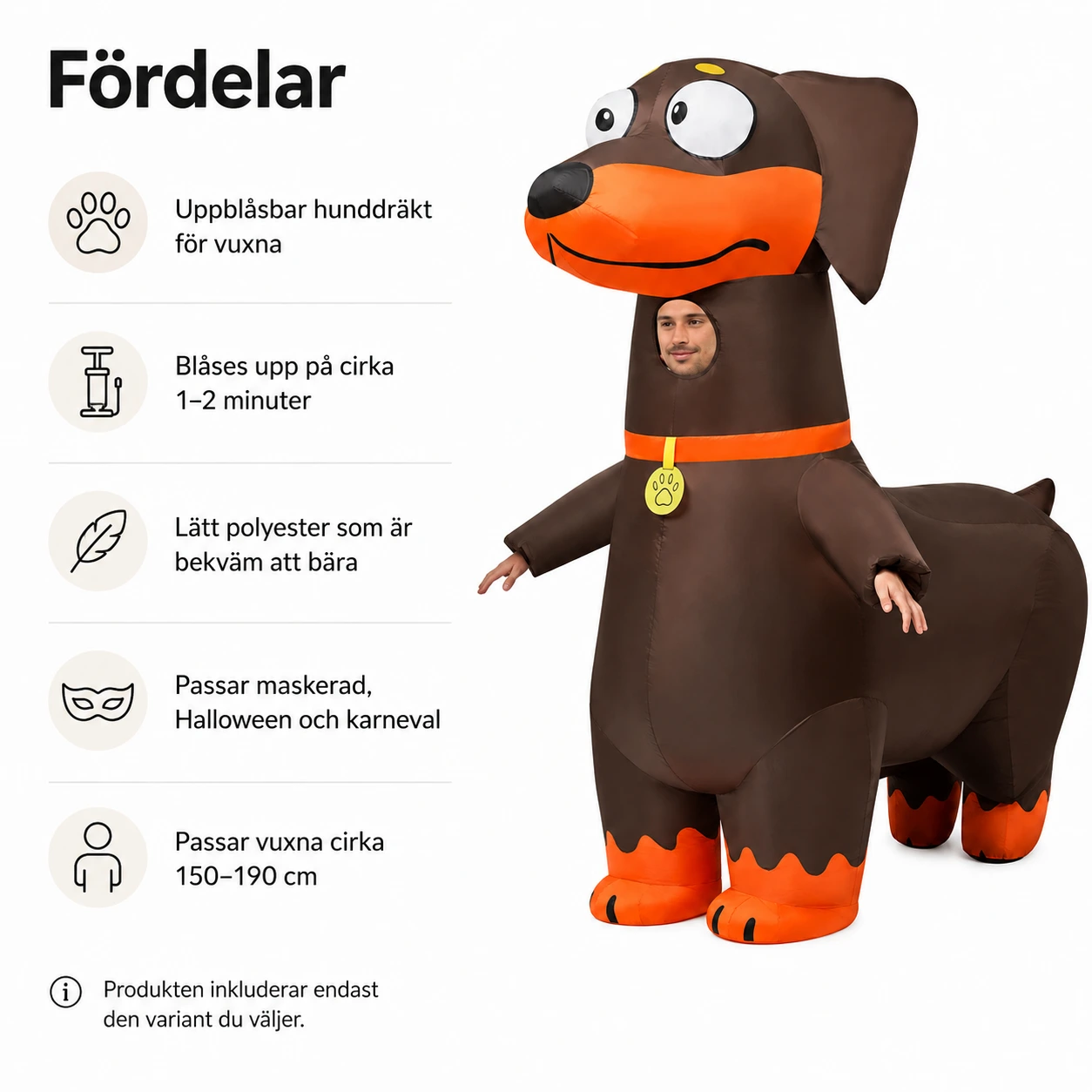Uppblåsbar hunddräkt för vuxna med fläkt