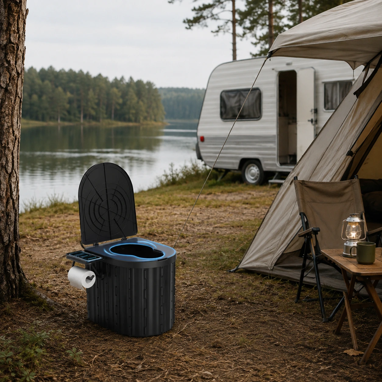 Portabel campingtoalett hopfällbar med lock