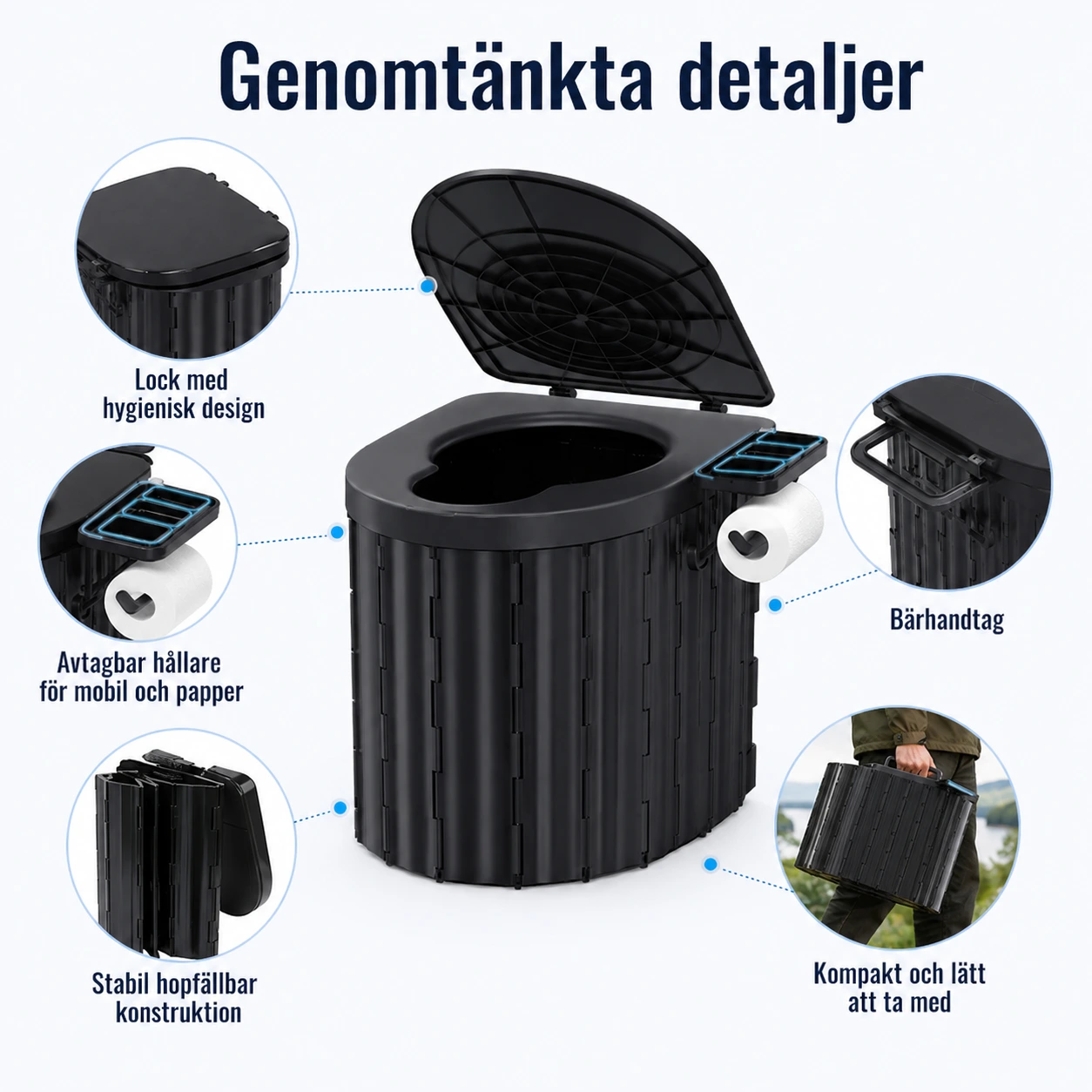 Portabel campingtoalett hopfällbar med lock