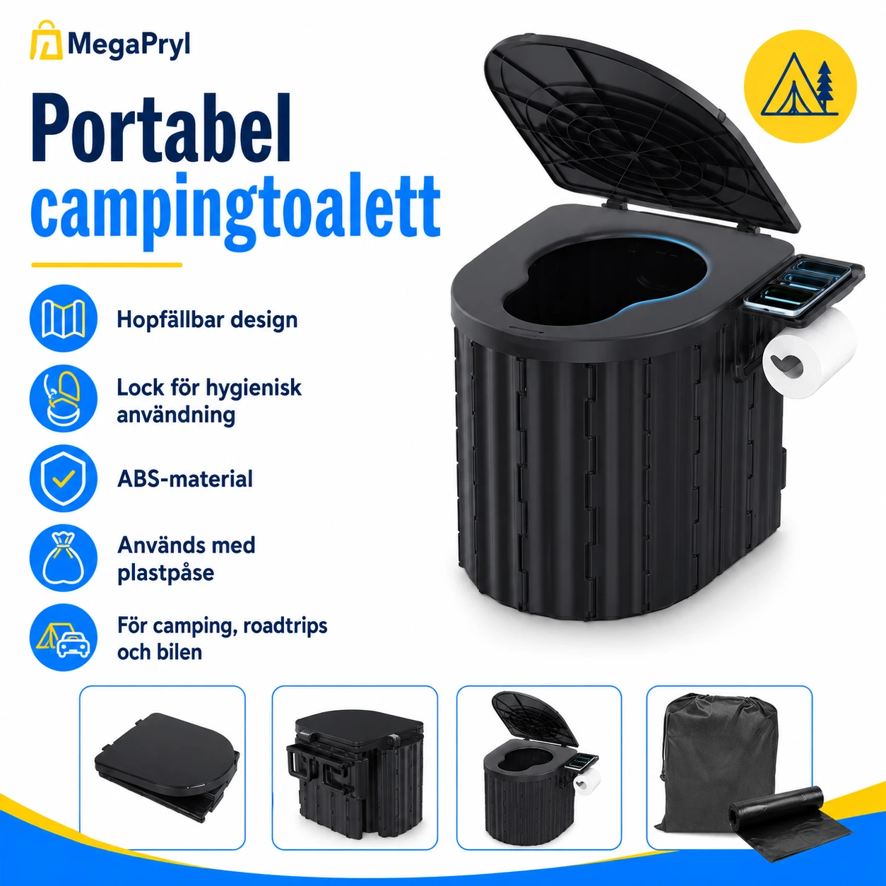 Portabel campingtoalett hopfällbar med lock