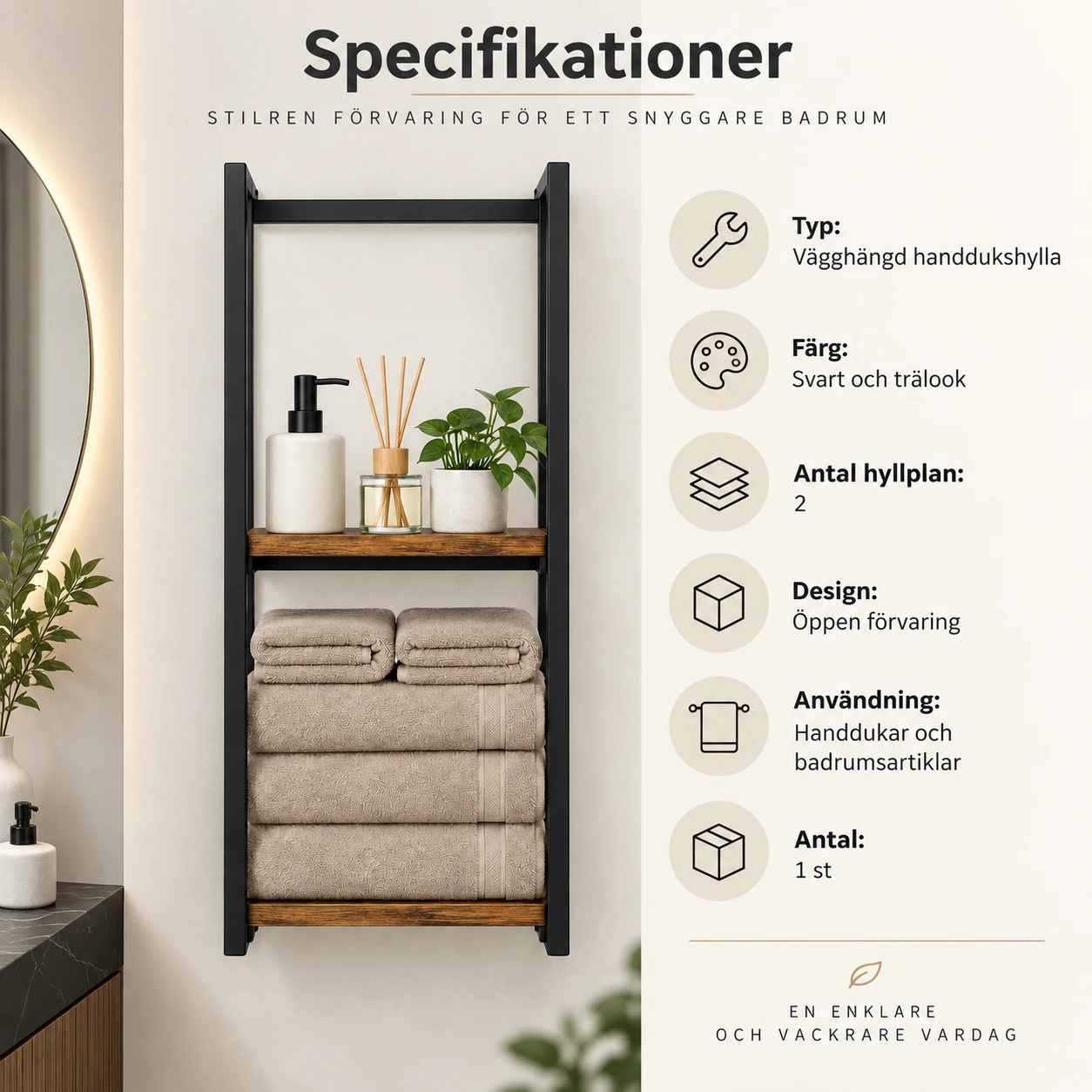 Vägghängd handdukshylla för badrum med 2 hyllplan