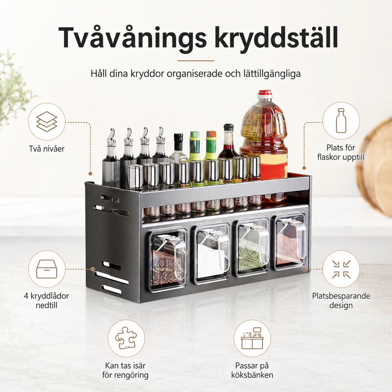 Kryddhylla för kök med två nivåer och kryddlådor
