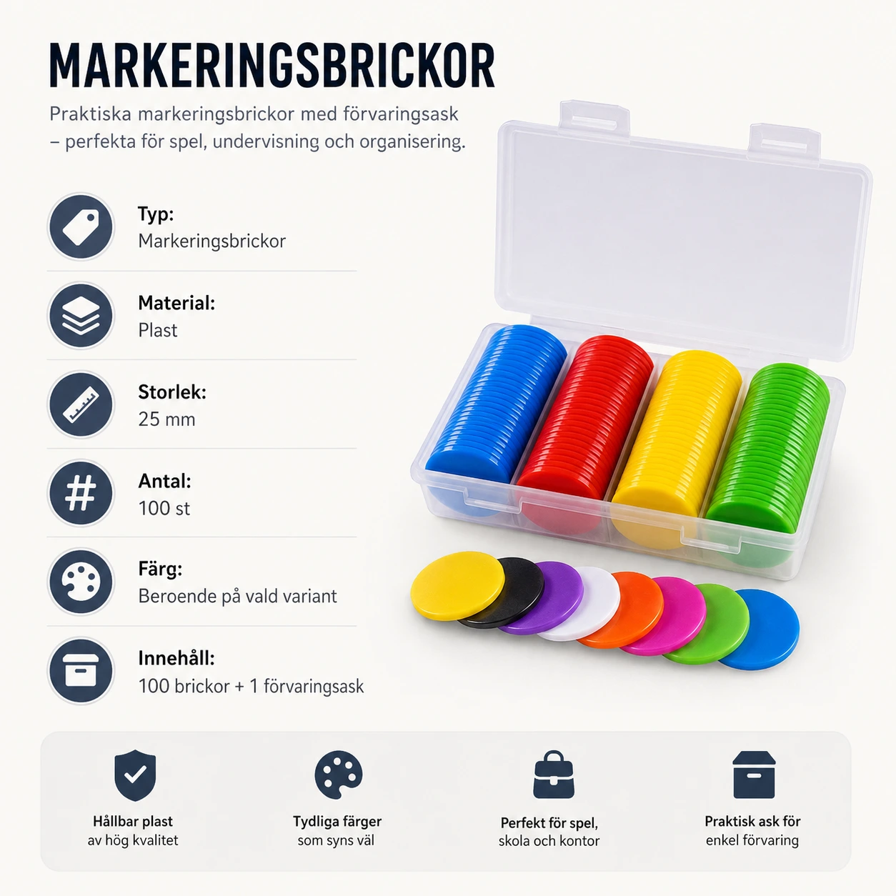 Markeringsbrickor för bingo och spel 100-pack 25 mm