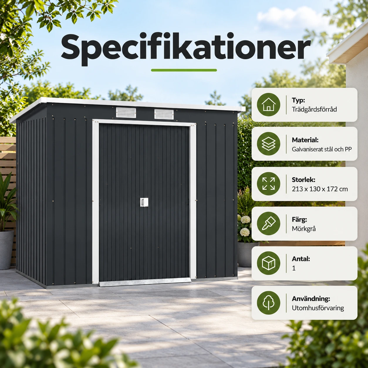 Trädgårdsförråd i galvaniserat stål 2,4 m² med skjutdörr