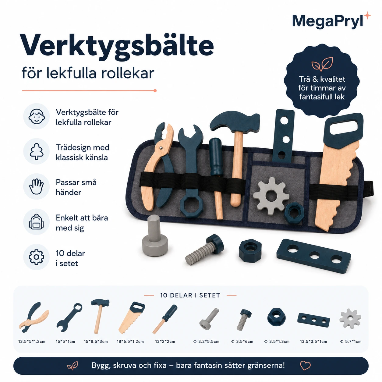 Verktygsbälte i trä för barn med leksaksverktyg
