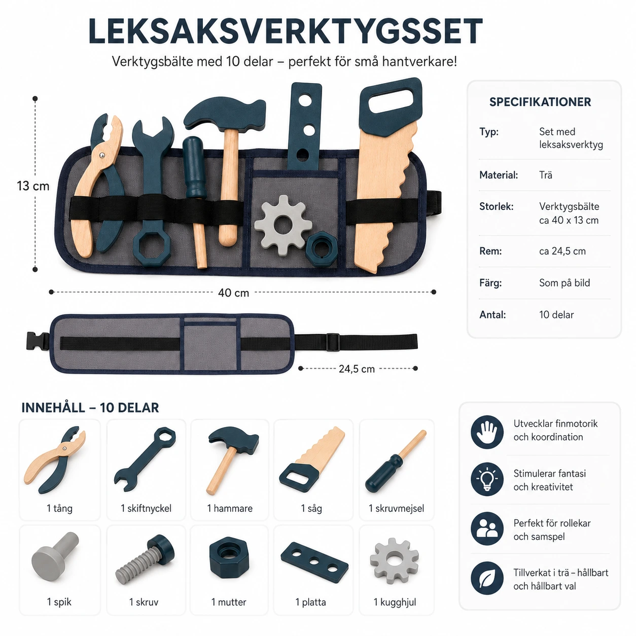 Verktygsbälte i trä för barn med leksaksverktyg