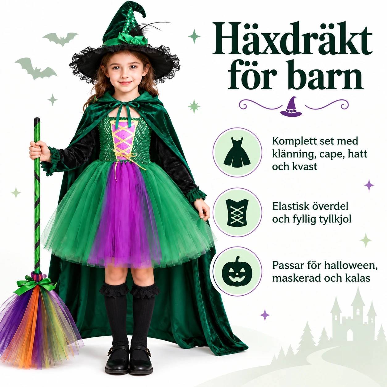 Häxklänning barn i tyll, lila och grön
