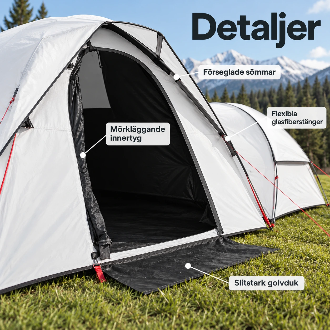 Familjetält för camping med mörkläggande tyg