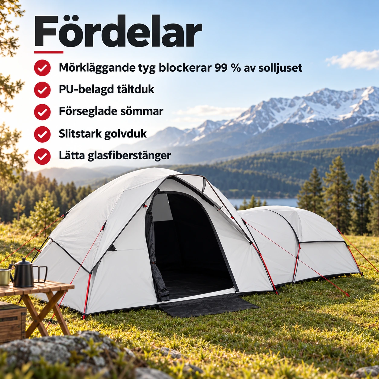 Familjetält för camping med mörkläggande tyg