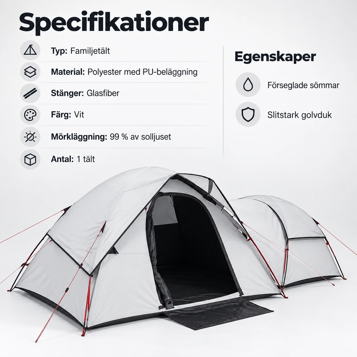 Familjetält för camping med mörkläggande tyg