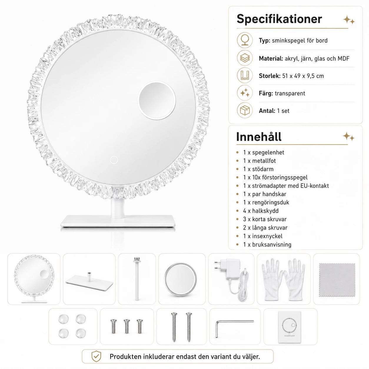 Sminkspegel med LED-belysning och 10x förstoringsspegel