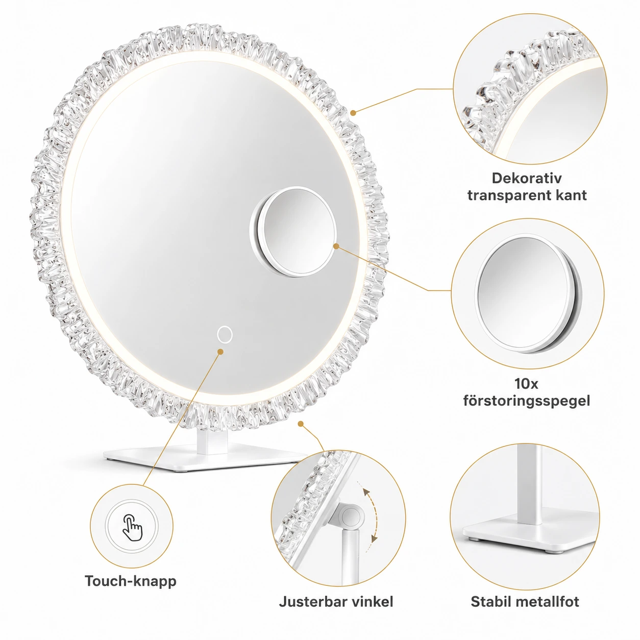 Sminkspegel med LED-belysning och 10x förstoringsspegel