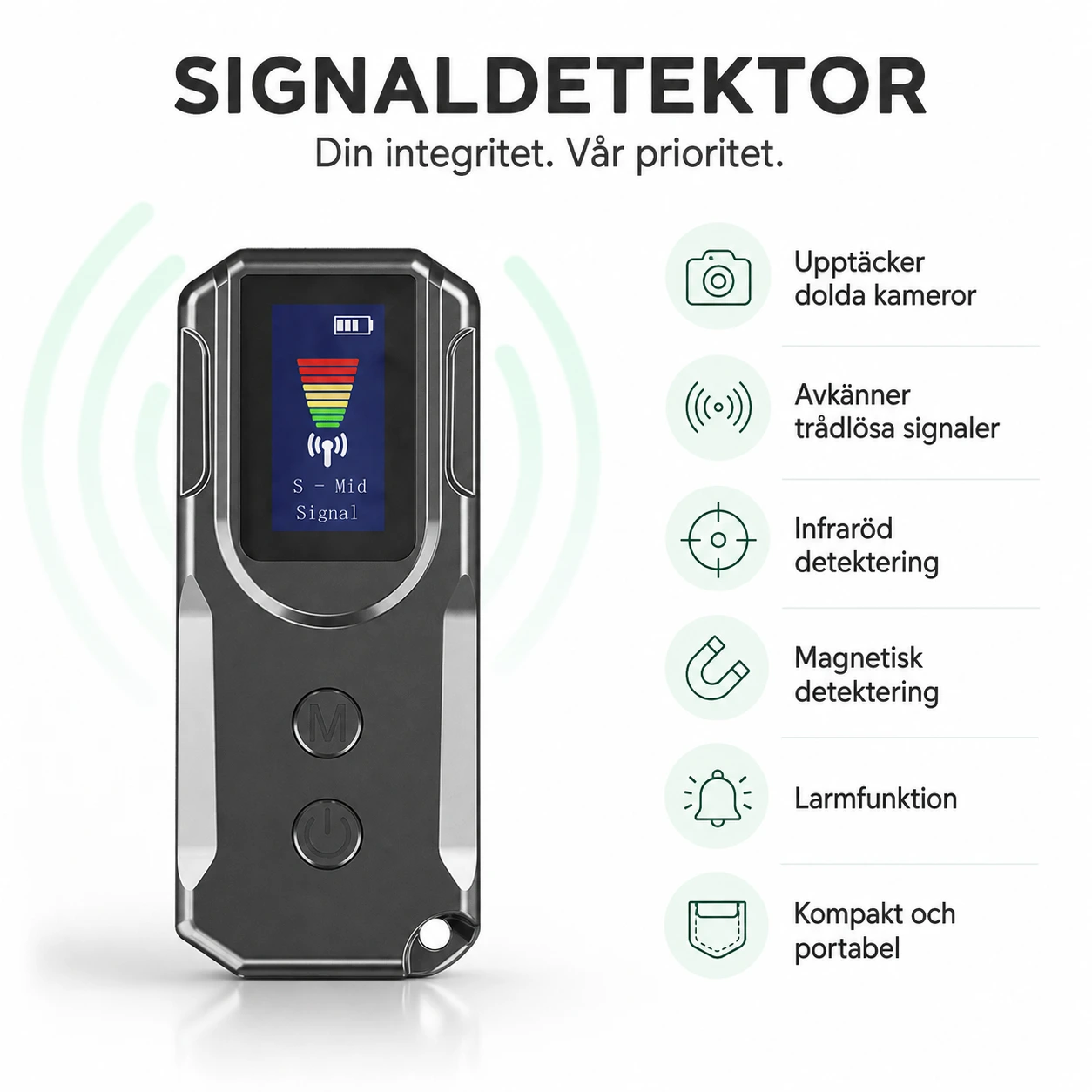 Signaldetektor för dolda kameror med display och larm