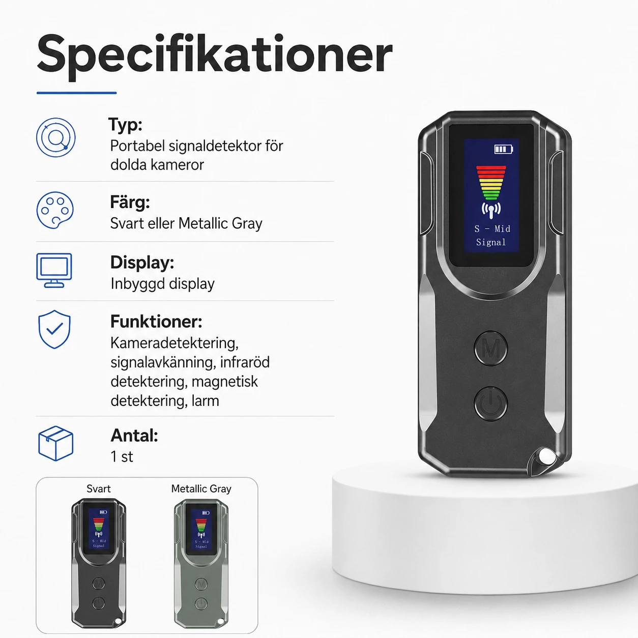 Signaldetektor för dolda kameror med display och larm