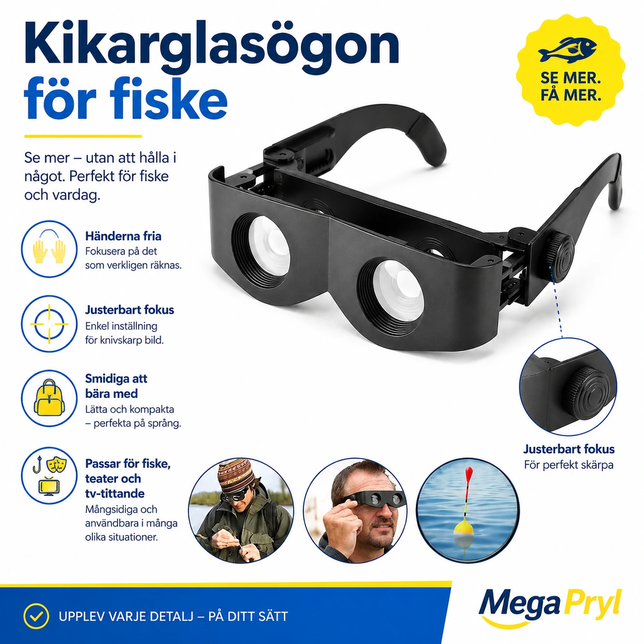 Kikarglasögon för fiske med justerbart fokus
