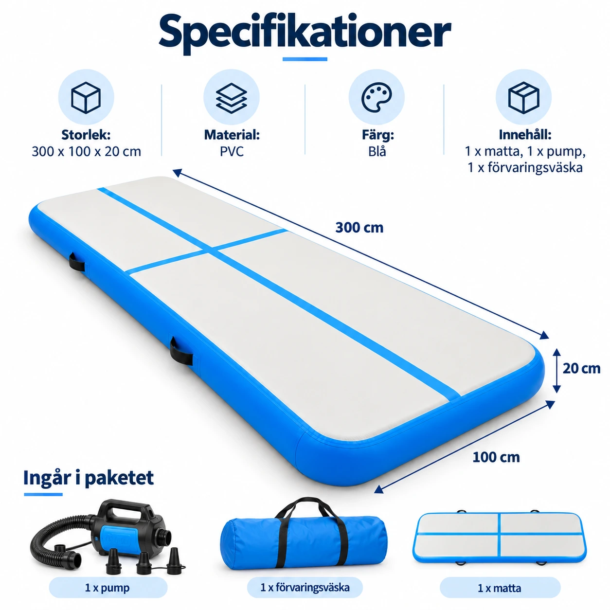 Uppblåsbar gymnastikmatta för träning 300 x 100 x 20 cm