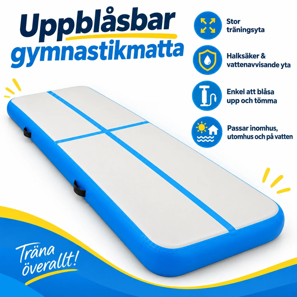 Uppblåsbar gymnastikmatta för träning 300 x 100 x 20 cm