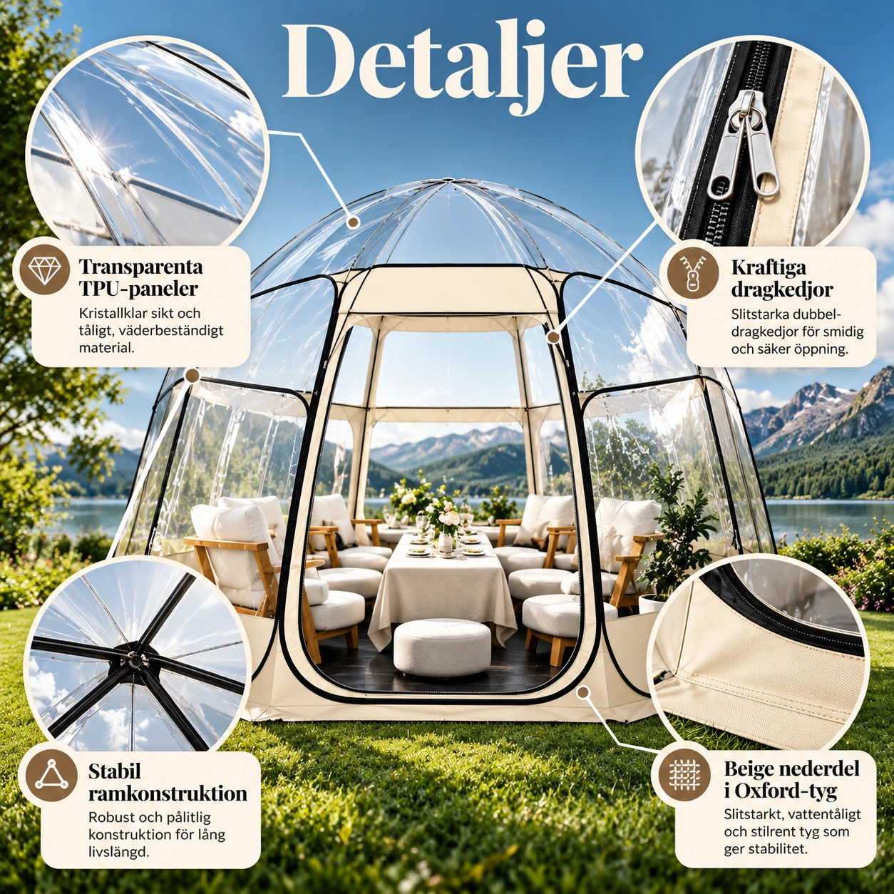Kupoltält för trädgård och uteplats i transparent design