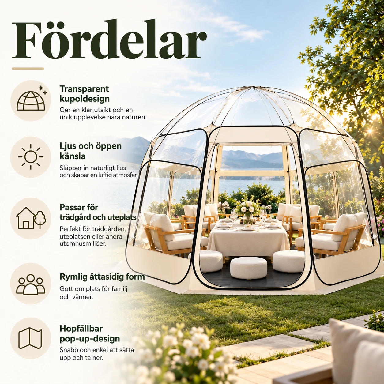Kupoltält för trädgård och uteplats i transparent design
