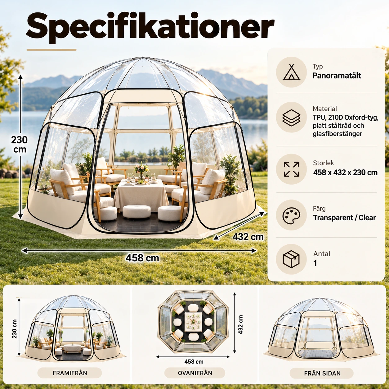 Kupoltält för trädgård och uteplats i transparent design