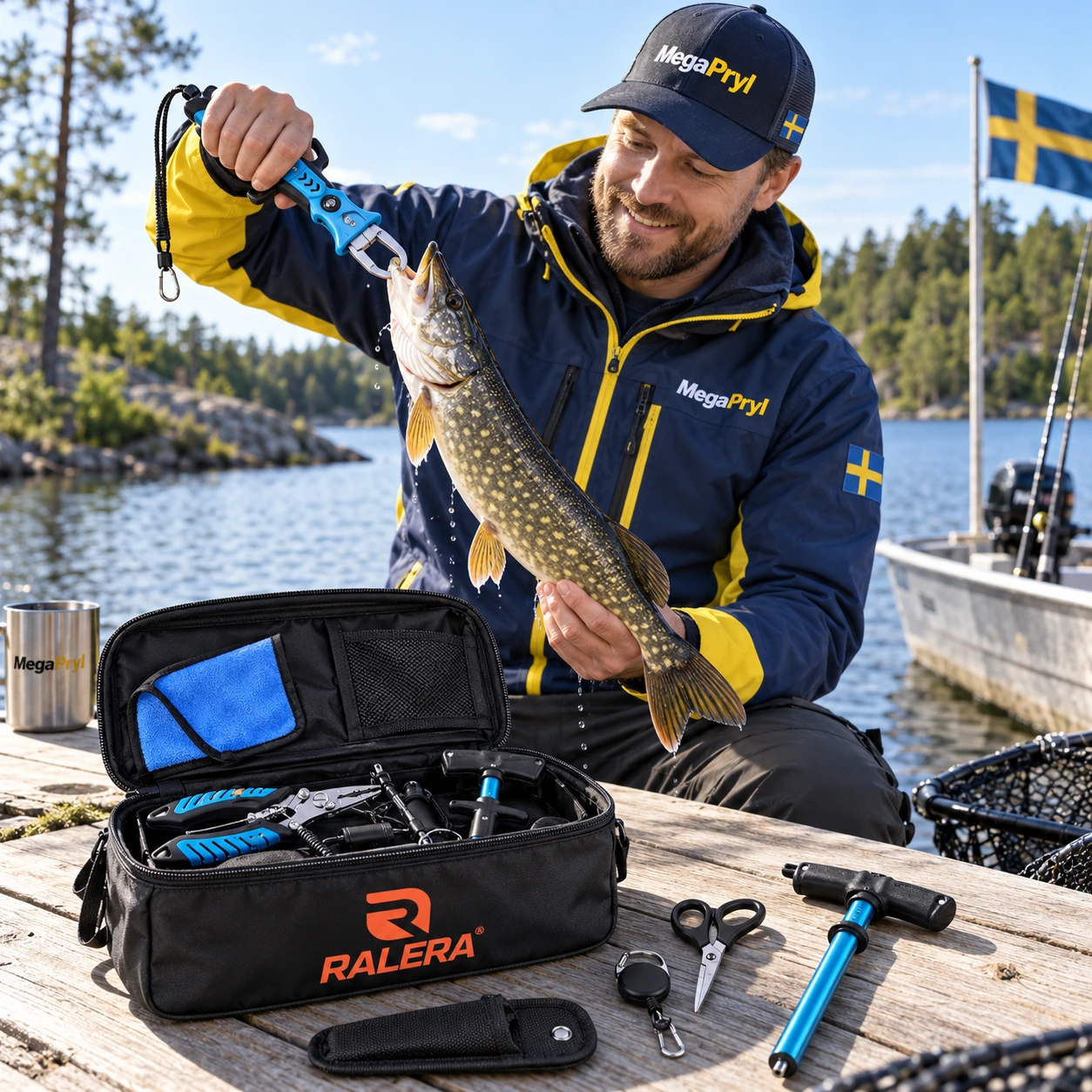 Kalastustyökalusetti, pihdit, koukunirrotin ja laukku
