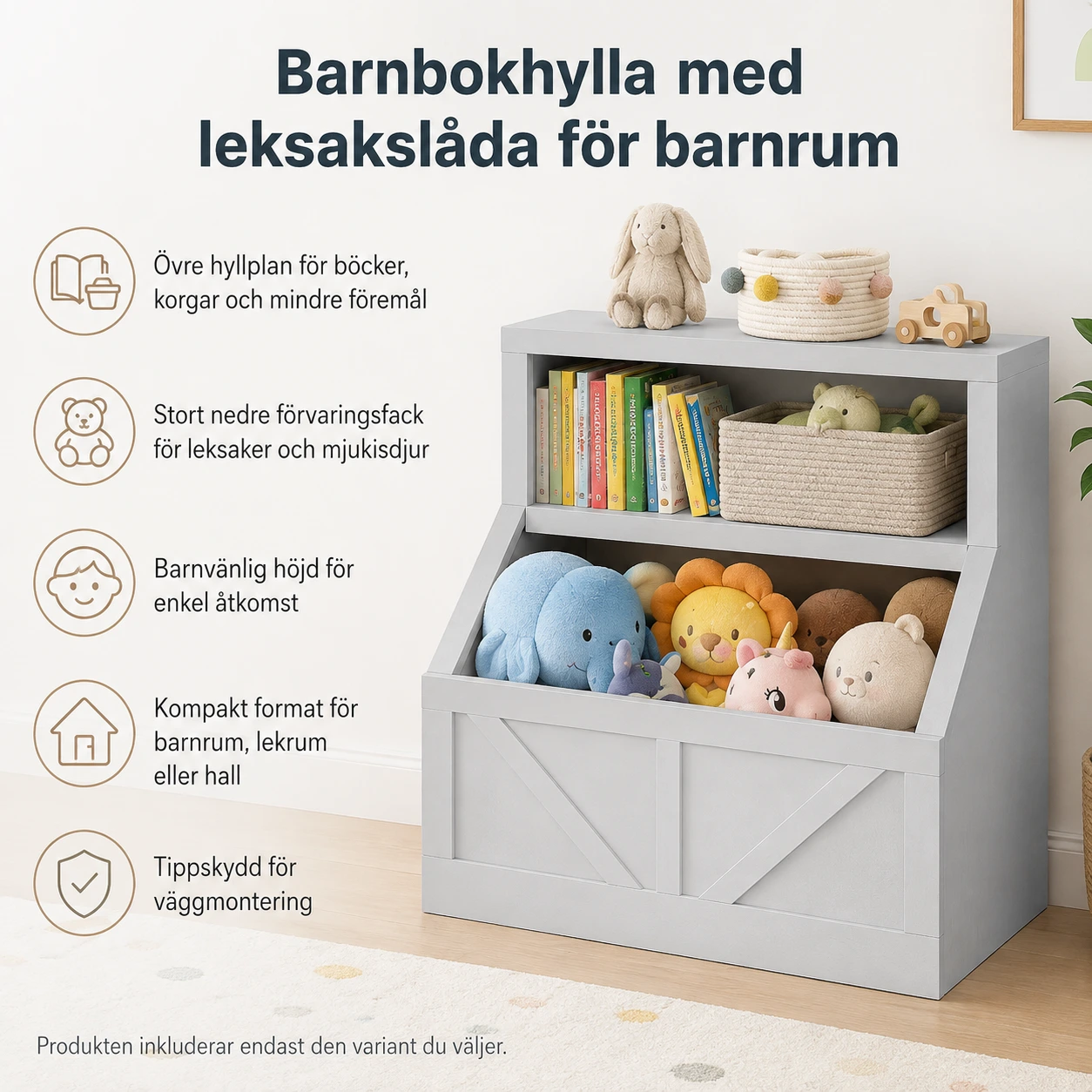 Barnbokhylla med leksakslåda för barnrum