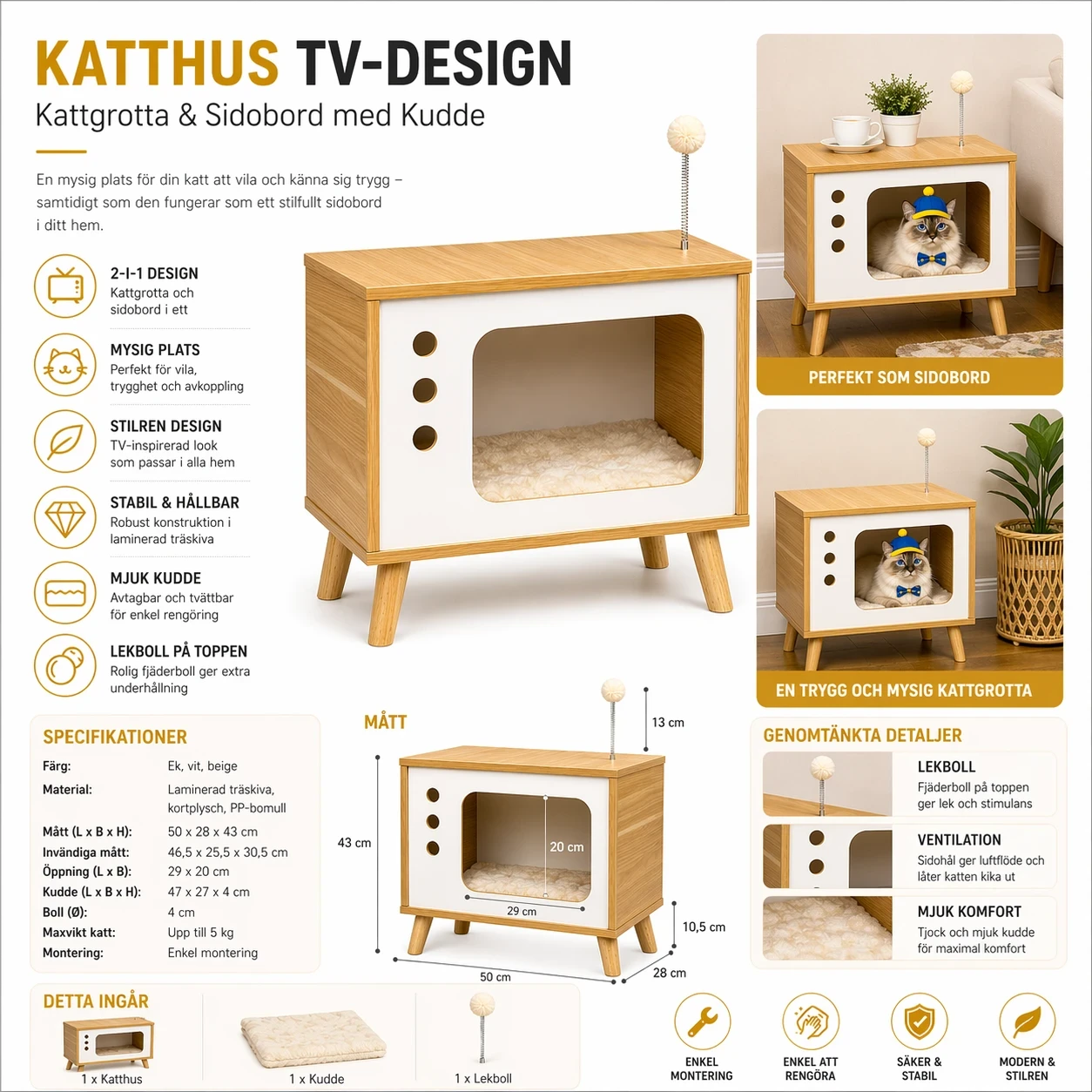 Katthus TV-design – Kattgrotta & Sidobord med Kudde