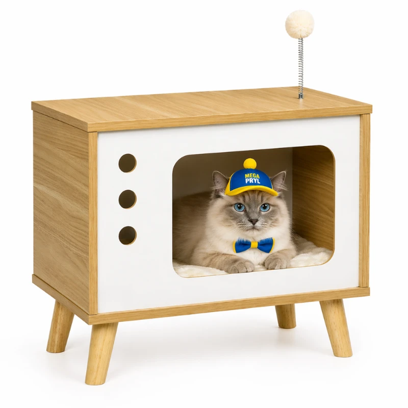 Katthus TV-design – Kattgrotta & Sidobord med Kudde