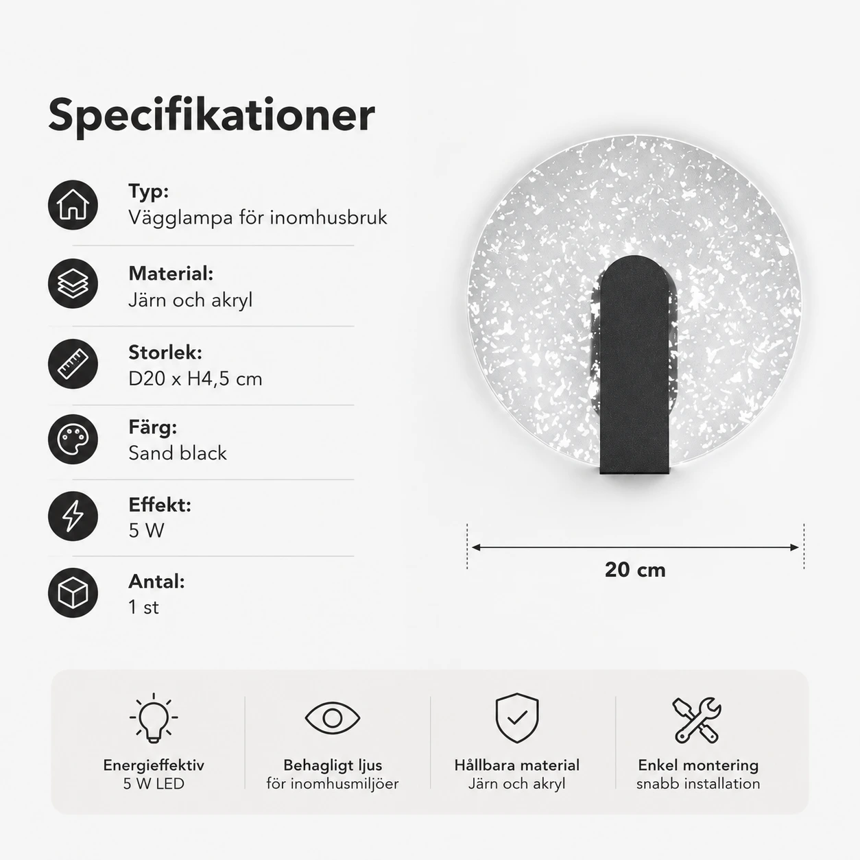 LED vägglampa för inomhusbruk i akryl och metall