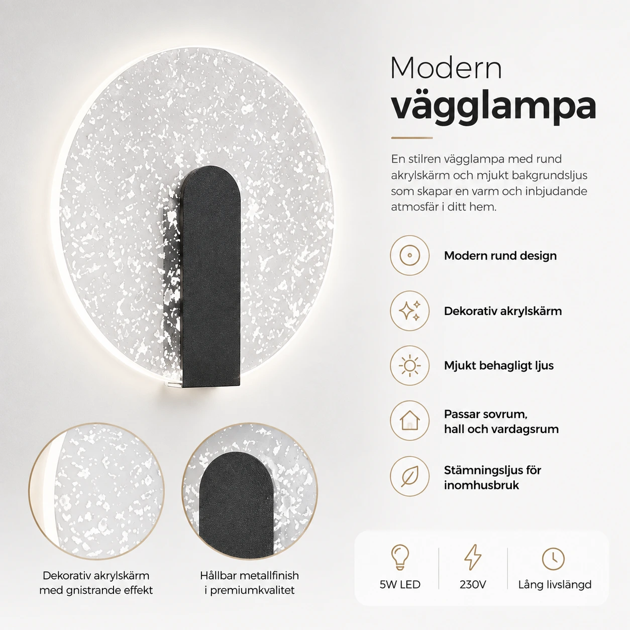 LED vägglampa för inomhusbruk i akryl och metall