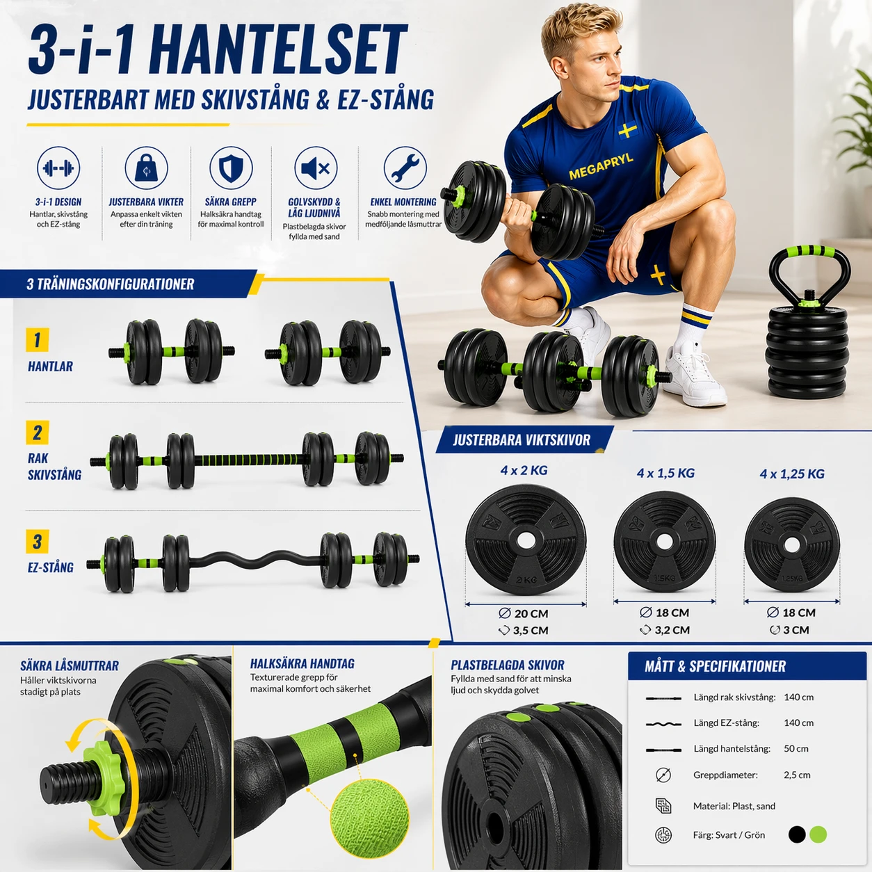 3-i-1 Hantelset – Justerbart med Skivstång & EZ-stång