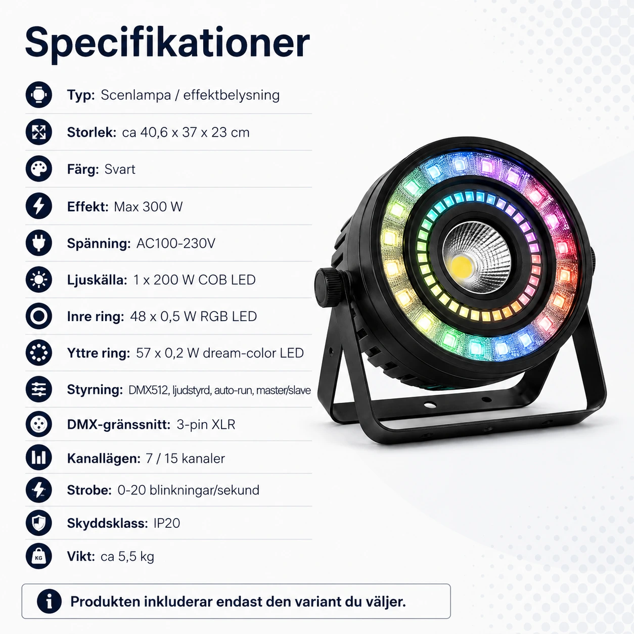 Scenlampa med RGB-ring och DMX512 för fest och event