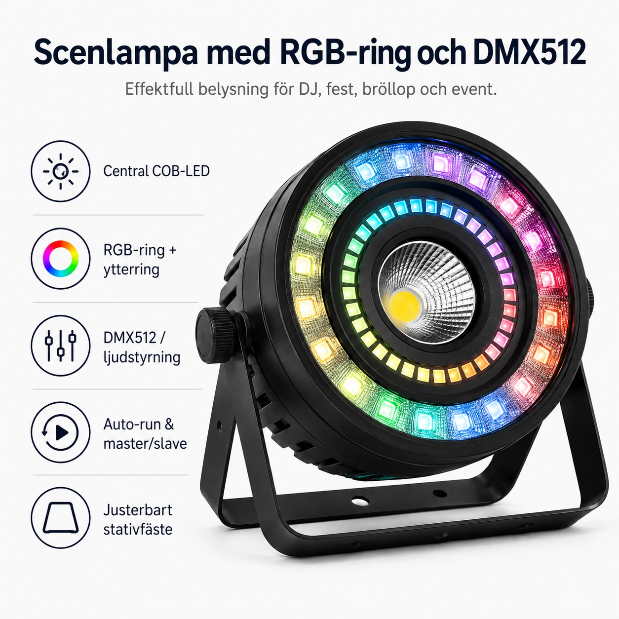Scenlampa med RGB-ring och DMX512 för fest och event