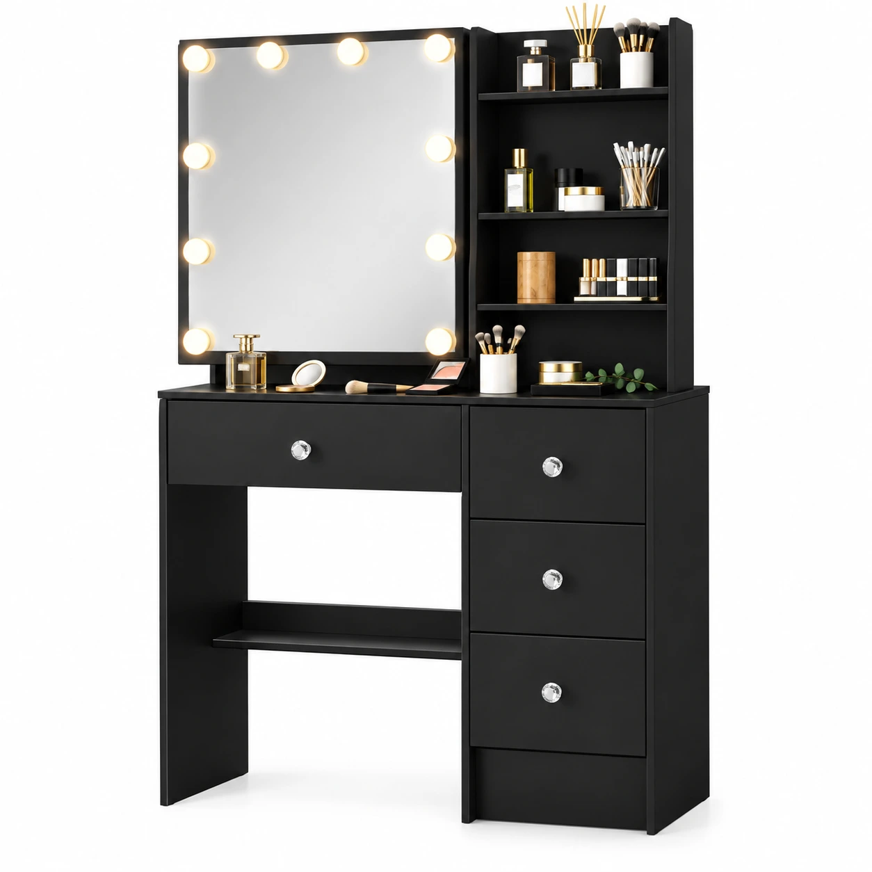 Sminkbord med LED-spegel och 4 lådor - svart