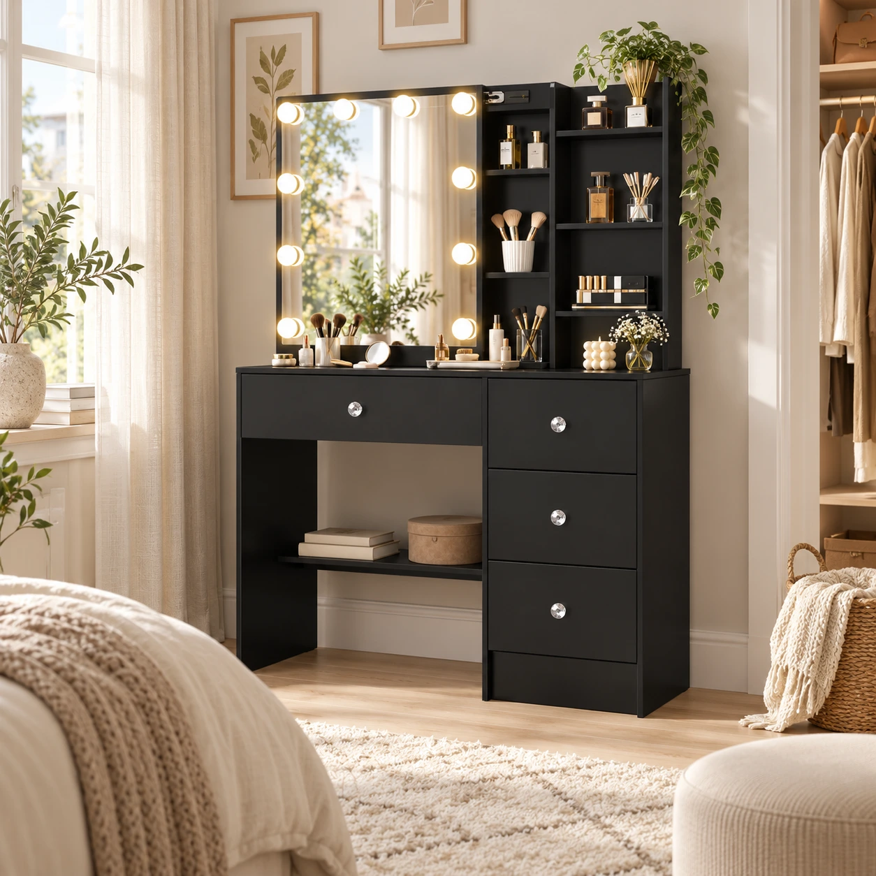 Sminkbord med LED-spegel och 4 lådor - svart
