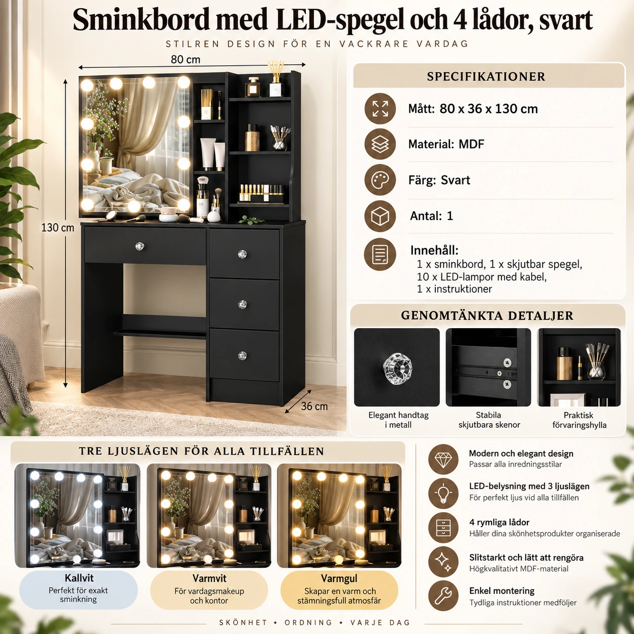 Sminkbord med LED-spegel och 4 lådor - svart
