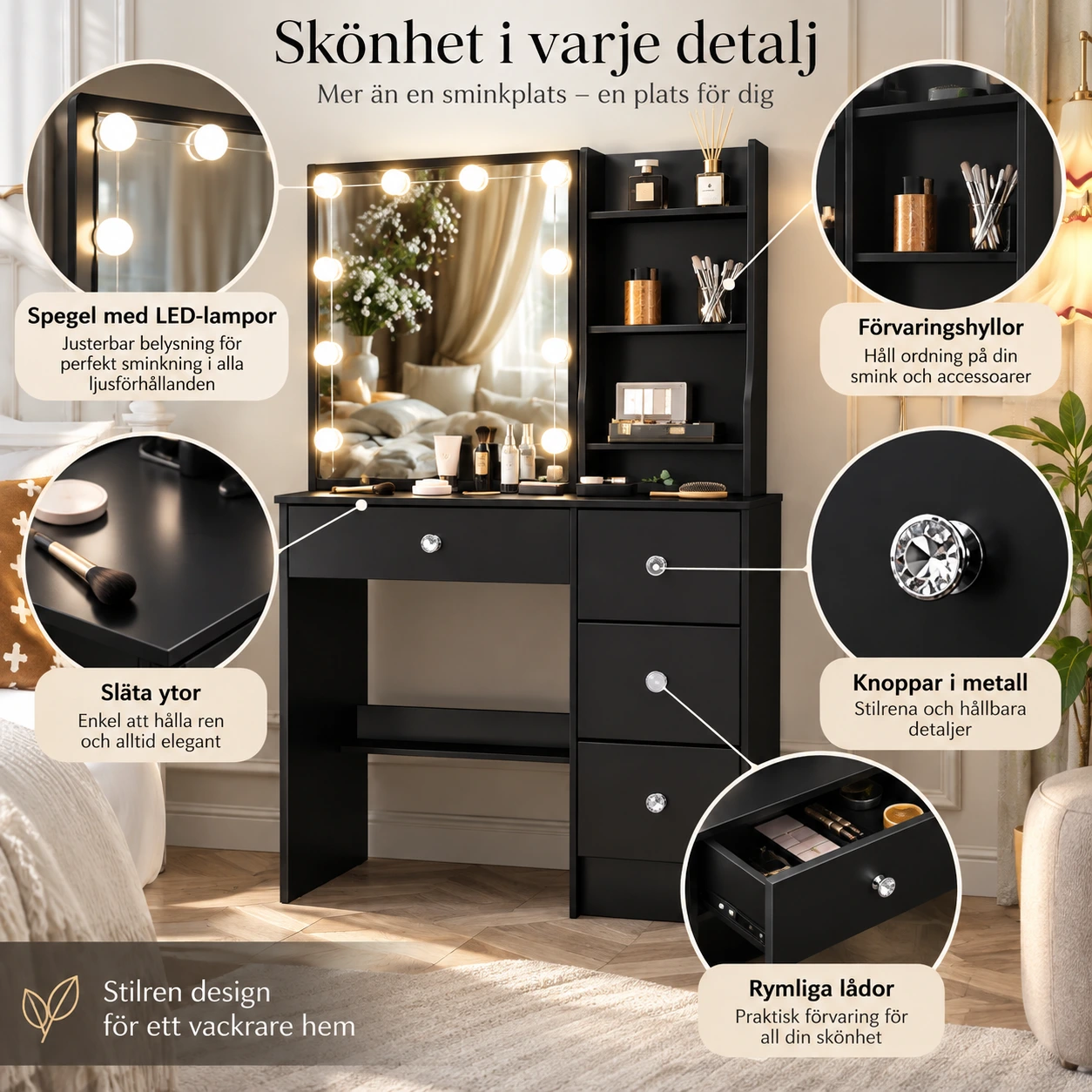 Sminkbord med LED-spegel och 4 lådor - svart