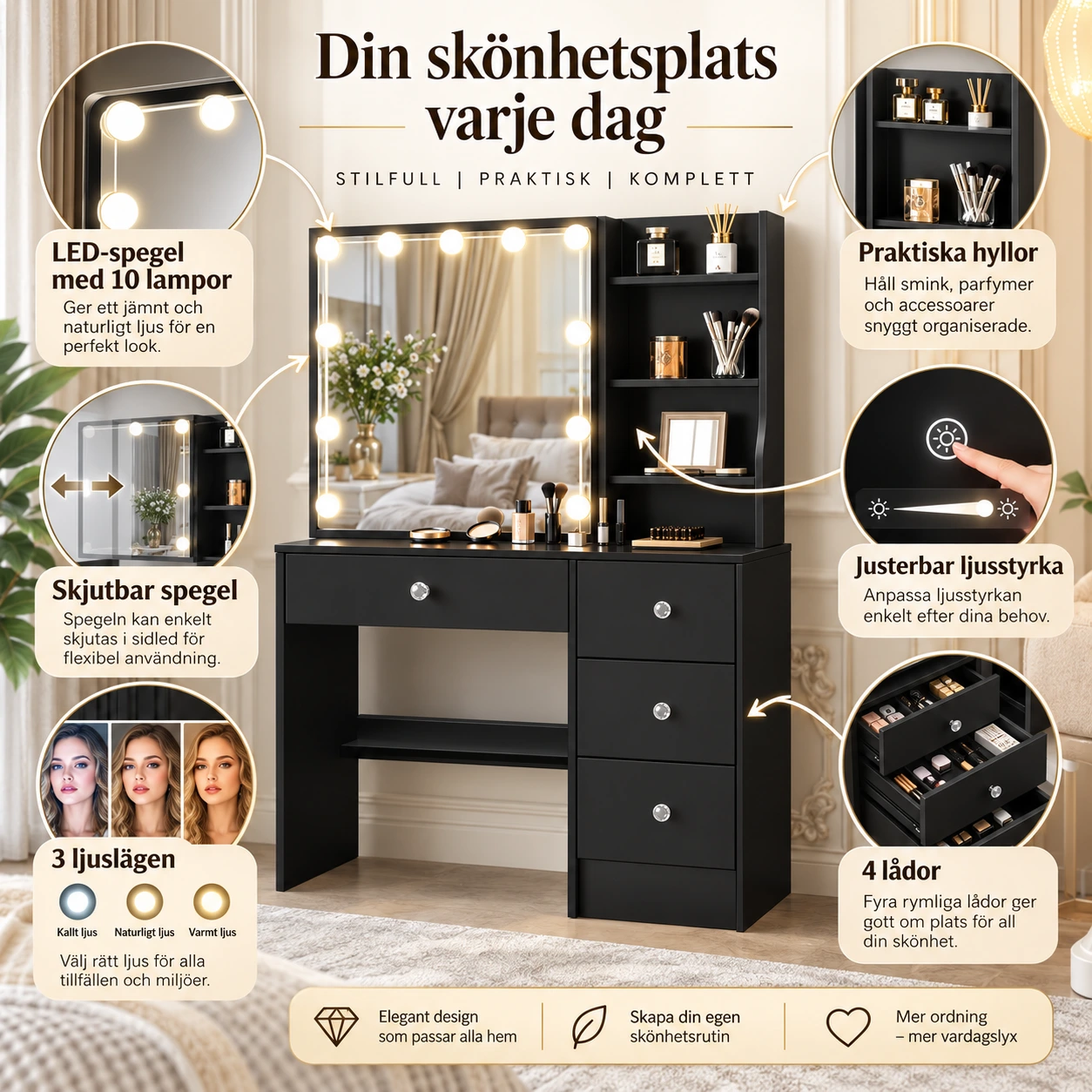 Sminkbord med LED-spegel och 4 lådor - svart