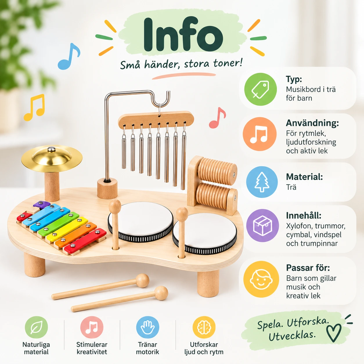 Musikbord i trä för barn med xylofon och trummor