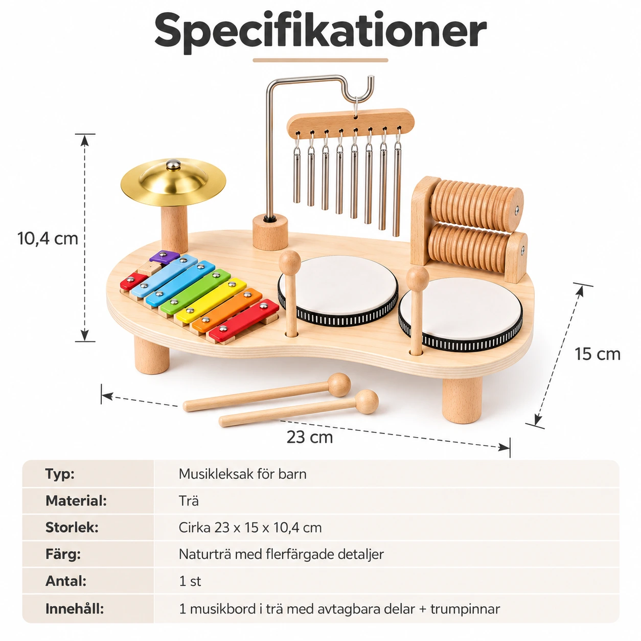 Lasten puinen musiikkipöytä, ksylofoni ja rummut