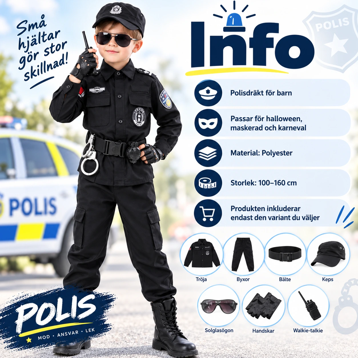 Polisdräkt för barn till maskerad och halloween