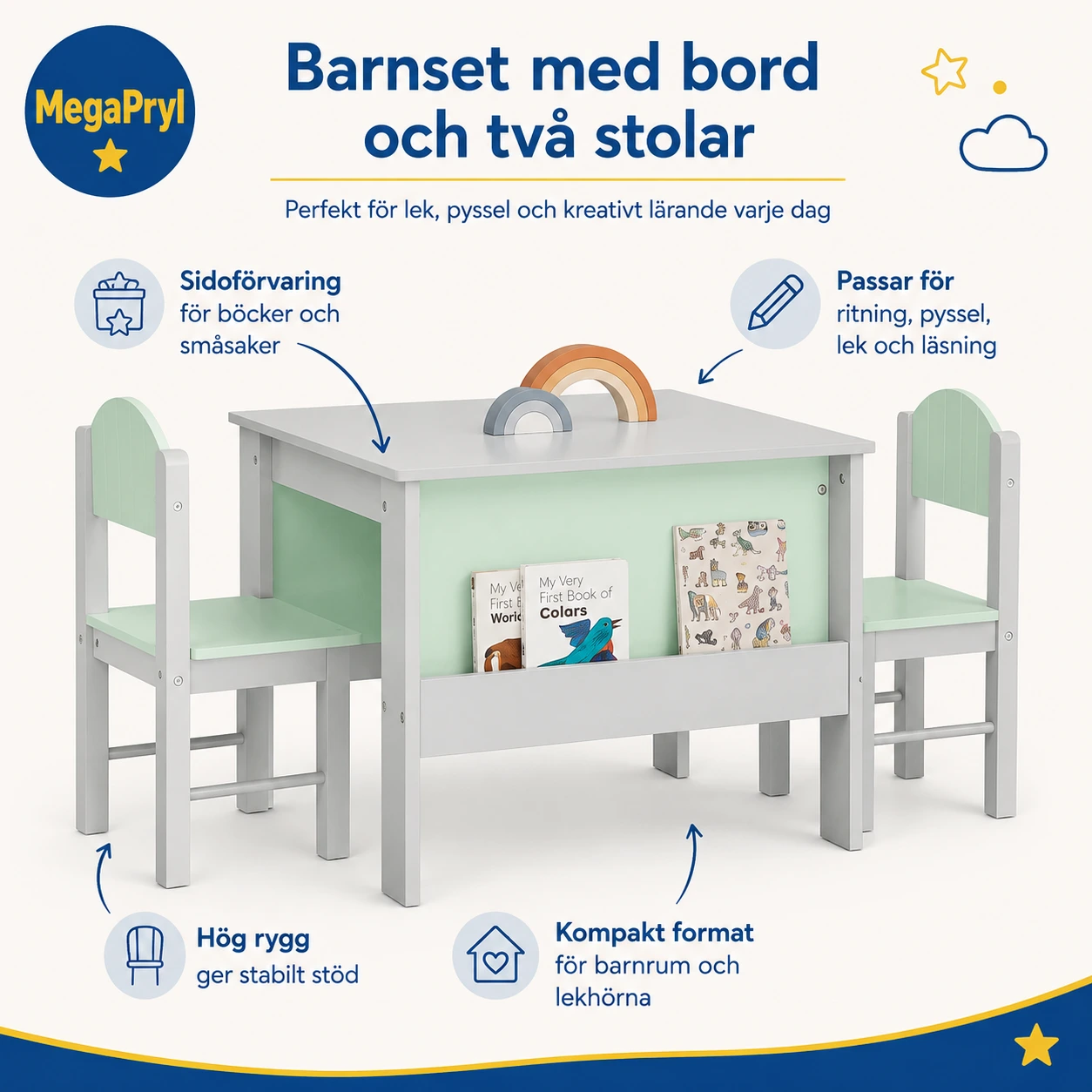 Barnbord med 2 stolar och förvaring, ljusgrå