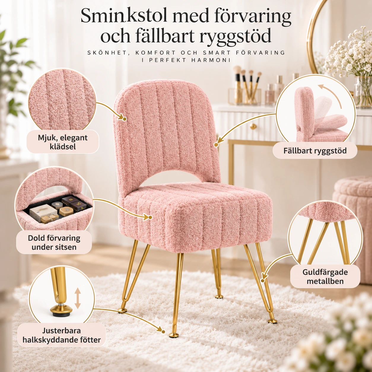 Sminkstol med förvaring och fällbart ryggstöd
