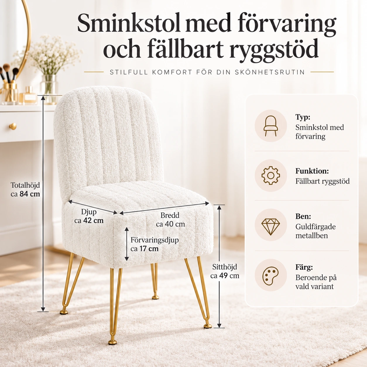 Sminkstol med förvaring och fällbart ryggstöd