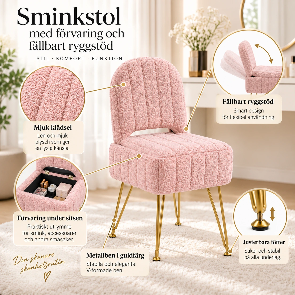 Sminkstol med förvaring och fällbart ryggstöd