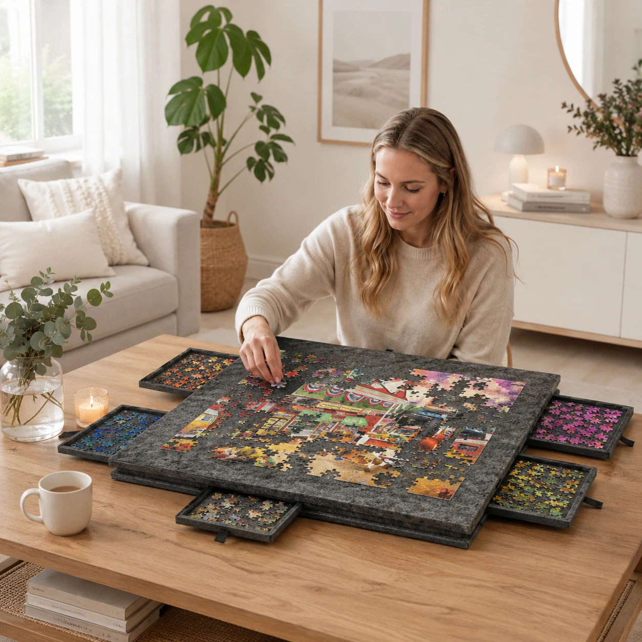 Pusselbräda för 1000 bitar med lock och 6 lådor
