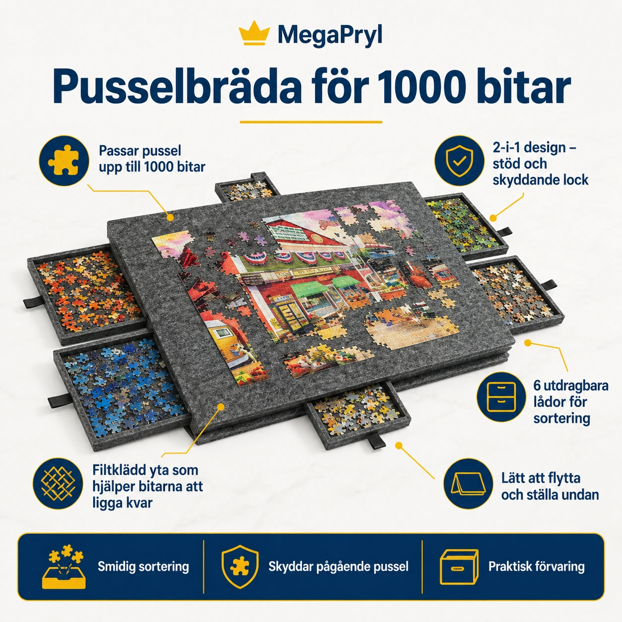 Pusselbräda för 1000 bitar med lock och 6 lådor