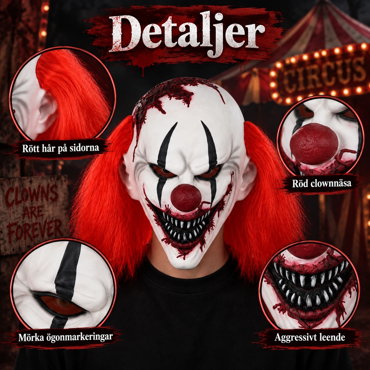 Clownmask i latex med rött hår