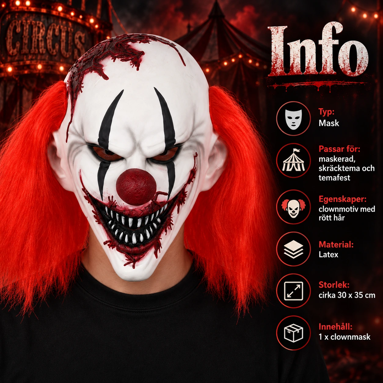Clownmask i latex med rött hår